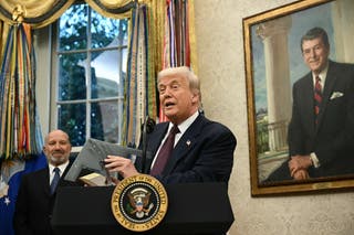 US president Donald Trump speaks in the Oval Office of the White House in Washington, DC